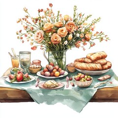 Watercolor painting of a table set with various food items