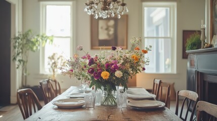 Fototapeta premium A dining room with a vintage chandelier, rustic wooden furniture, and bright floral arrangements for charm.