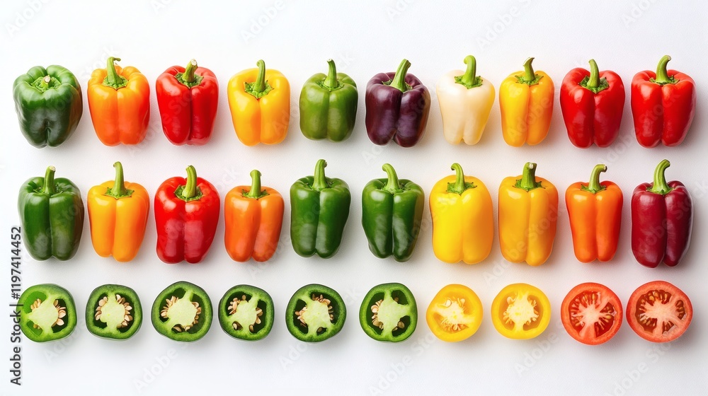 Poster Isolated on white background a composition of bell peppers in various states including whole sliced and halved Stock Photo with side copy space