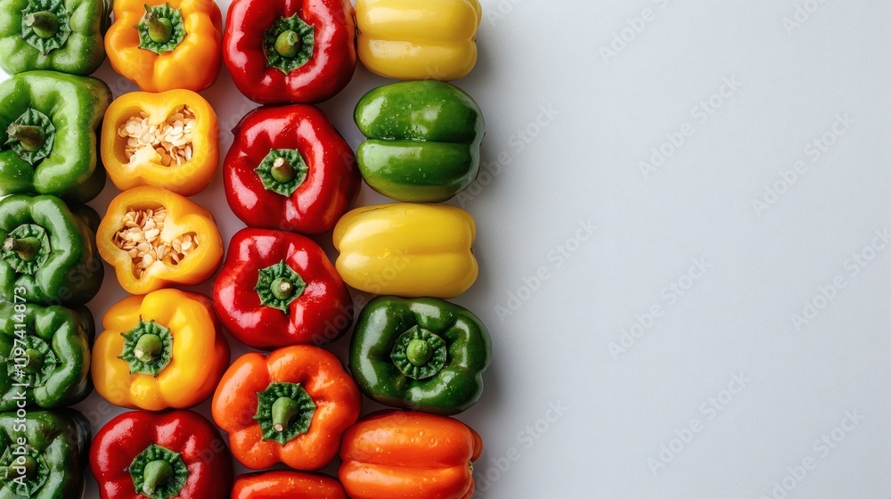 Poster Isolated on white background a composition of bell peppers in various states including whole sliced and halved Stock Photo with side copy space