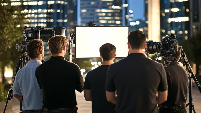 Behind the Scenes Crew Setting Up for Night Shoot in Cityscape