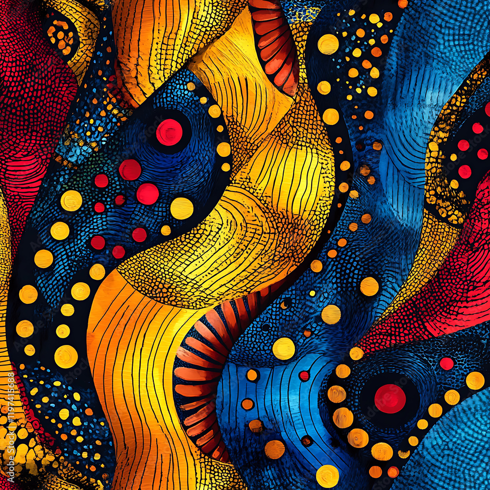Poster vibrant abstract design featuring colorful patterns in red, blue, yellow, and black. intricate shape