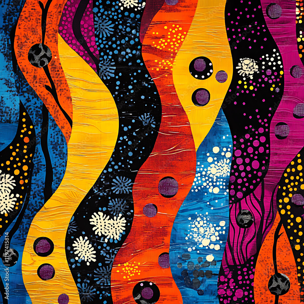 Poster vibrant abstract design featuring colorful waves and patterns in blue, yellow, and red. artwork show