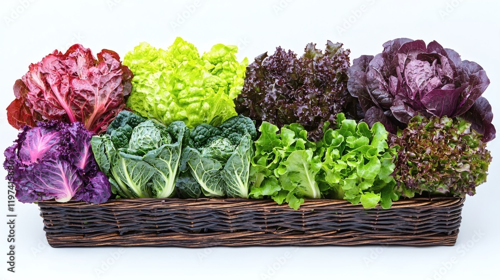 Poster isolated on white background a collection of fresh lettuce heads arranged neatly in a wooden basket 