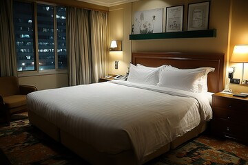 Relaxing hotel room with a comfortable king-size bed and city view.
