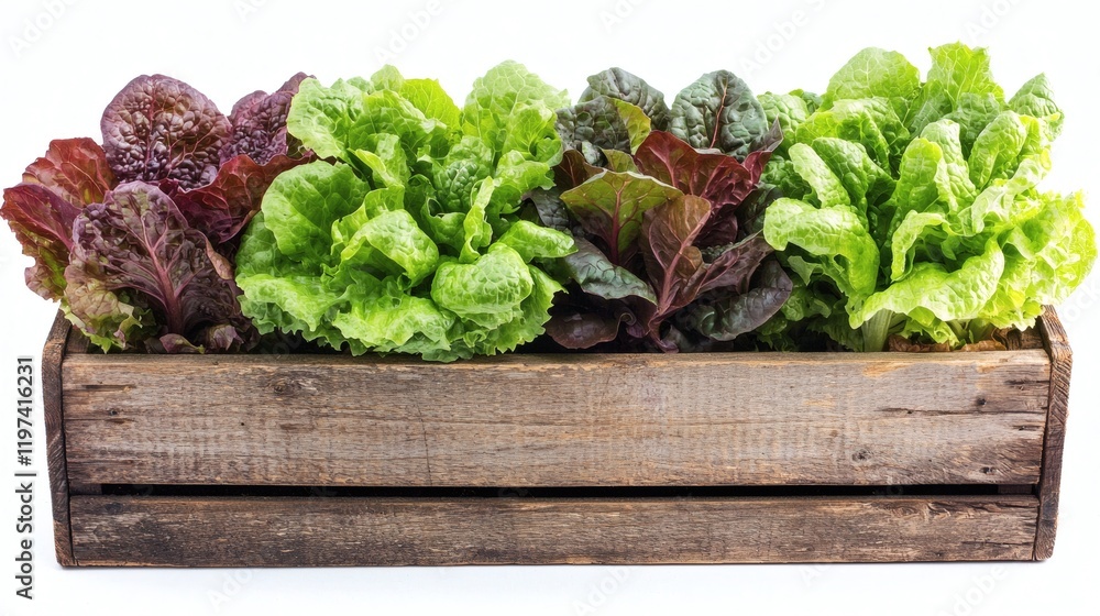 Poster isolated on white background a collection of fresh lettuce heads arranged neatly in a wooden basket 
