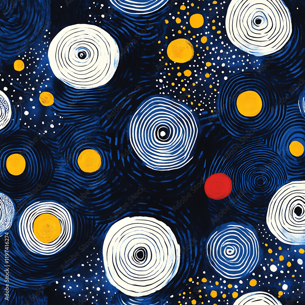 Poster colorful abstract pattern featuring circular shapes in blue, white, yellow, and red against dark bac