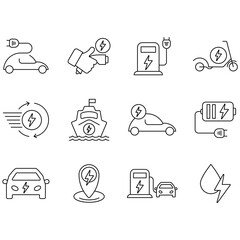 Electric vehicle icons set. Set of editable stroke icons.Set of Electric vehicle
