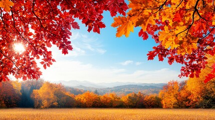 Vibrant autumn leaves frame scenic mountain landscape with sunlit field.