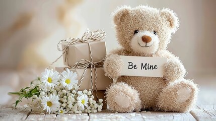 Cute Teddy Bear Holding Be Mine Banner with Flowers and Gifts for Valentine's Day
