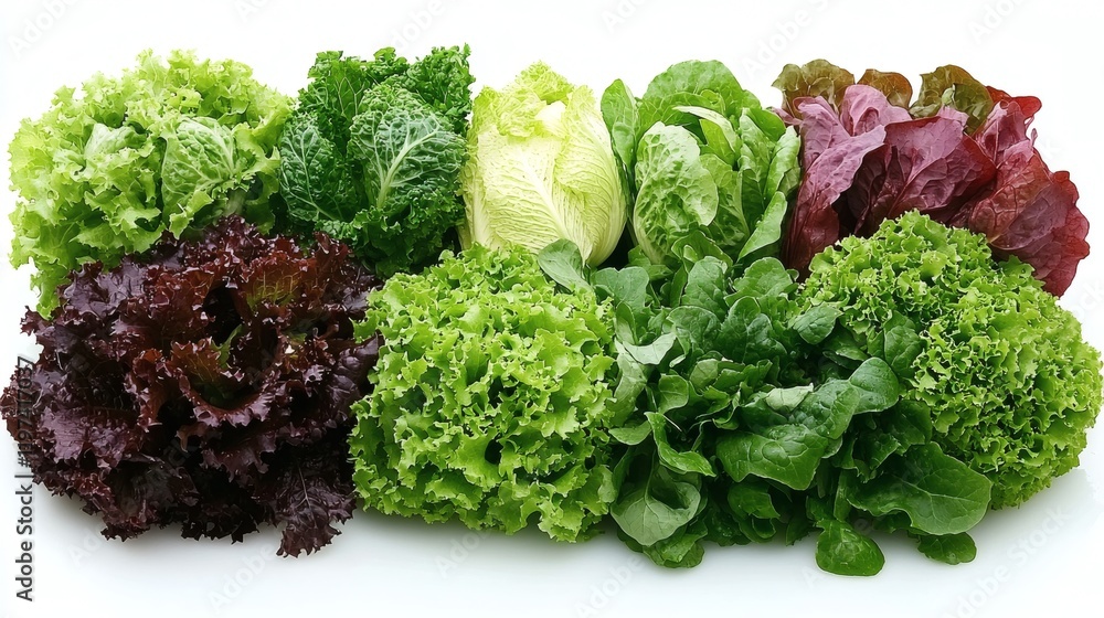 Aufkleber Isolated on white background a group of mixed lettuce varieties placed in a natural cluster Stock Photo with side copy space
