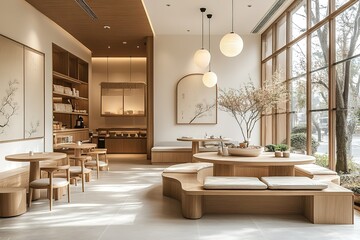 Serene minimalist cafe interior with natural light and wooden furniture.