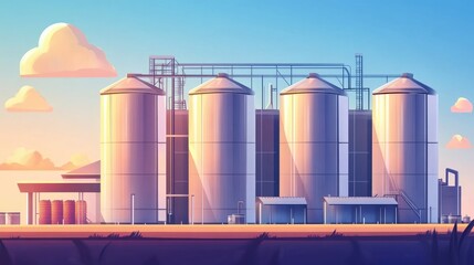 Sunset over Industrial Storage Silos: A picturesque illustration of large metal silos against a vibrant sunset sky, showcasing the beauty of industrial infrastructure.