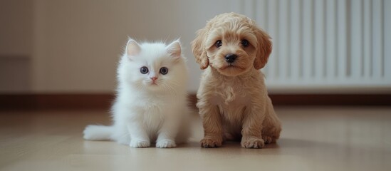 Adorable fluffy white kitten and light brown puppy sitting side by side on a wooden floor, both gazing curiously at the camera with soft lighting.