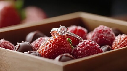 Engagement Ring Hidden in a Box of Delicious Chocolates and Fresh Strawberries