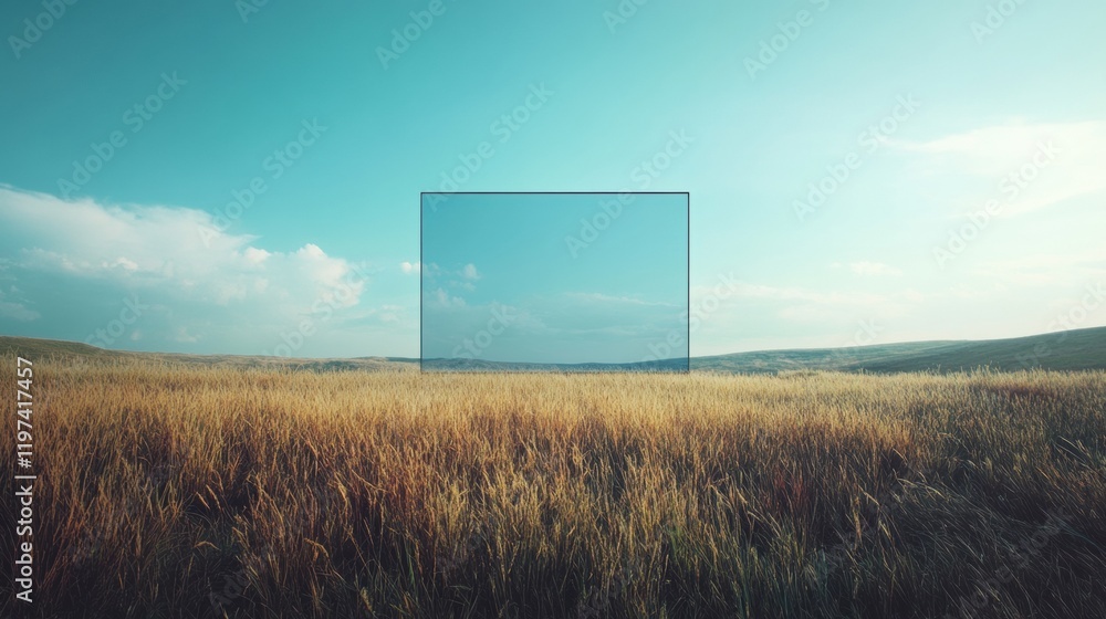 Poster Open landscape with empty space for text under a clear blue sky during daylight. Generative AI