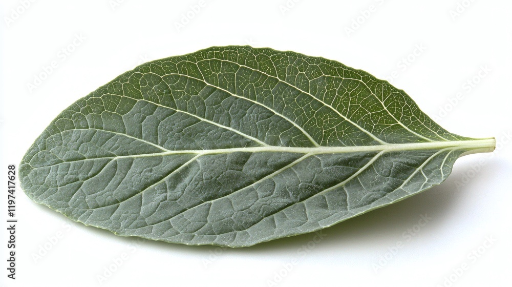 Poster isolated on white background a single lettuce leaf with visible veins and delicate edges stock photo