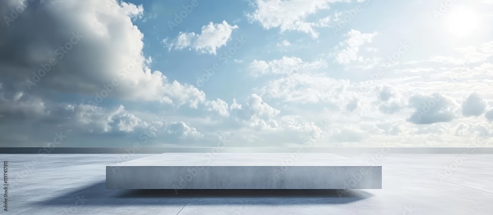 Aufkleber minimalist modern concrete podium on light blue sky and white cloud background in empty studio setti