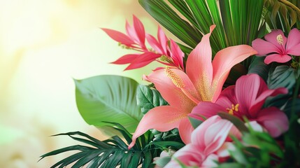 Colorful tropical bouquet with vibrant pink flowers and lush green leaves arranged on a soft pastel background ideal for design templates and postcard layouts.