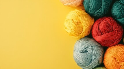 Vibrant Yarn Balls on Yellow Background for Crafting and Sewing with Blank Area