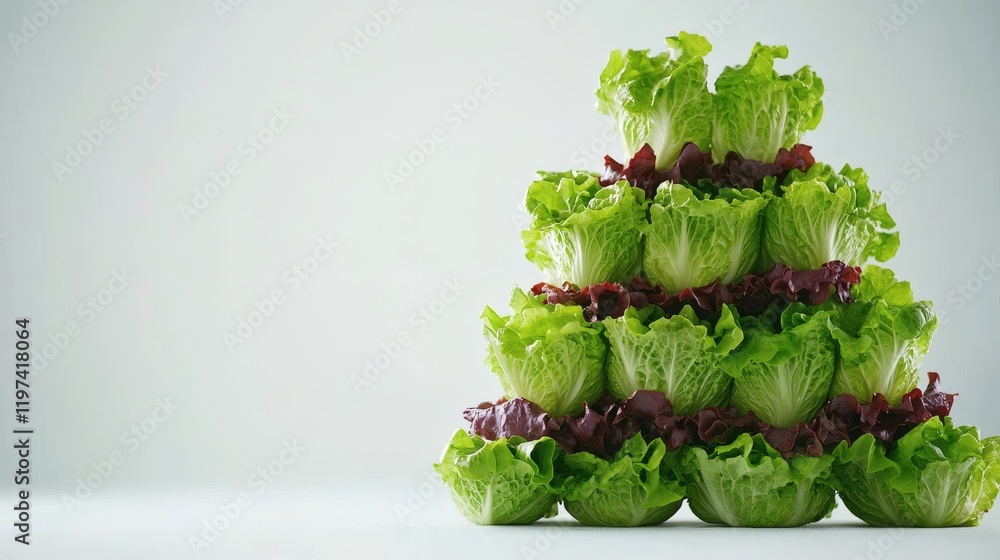 Aufkleber Isolated on white background a stack of lettuce heads arranged in a pyramid form emphasizing freshness Stock Photo with side copy space