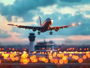 Airplane landing at airport during sunset aerial view of aviation urban environment travel concept