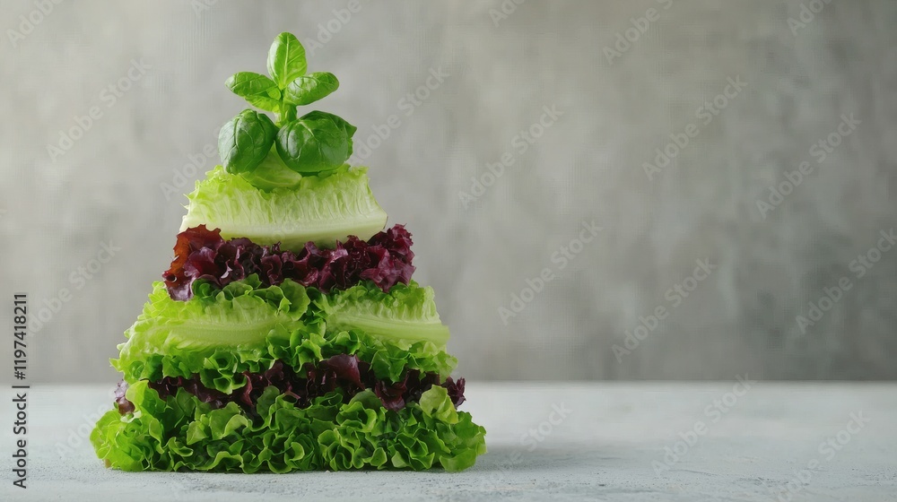 Poster Isolated on white background a stack of lettuce heads arranged in a pyramid form emphasizing freshness Stock Photo with side copy space