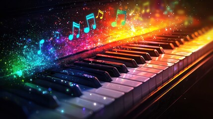 piano keyboard with colorful musical notes and magical sparkles. It represents music's beauty.