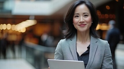 A cheerful Asian woman in a blazer, holding her laptop and standing in a modern office space, exuding confidence and professionalism.