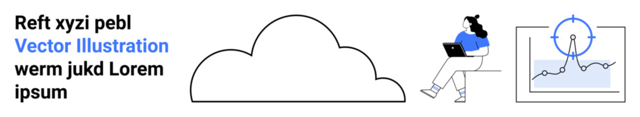 Cloud icon, woman working on laptop, graph with magnifying glass. Ideal for cloud computing, remote work, data analytics, productivity tools, business solutions, technology services, online