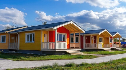 Colorful single story wooden villas in vibrant yellow and red tones for sale on sunny blue sky day with clouds showcasing budget friendly housing concept for first time buyers