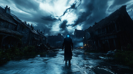 Obraz premium A storm-ravaged village under a dark sky filled with swirling clouds.