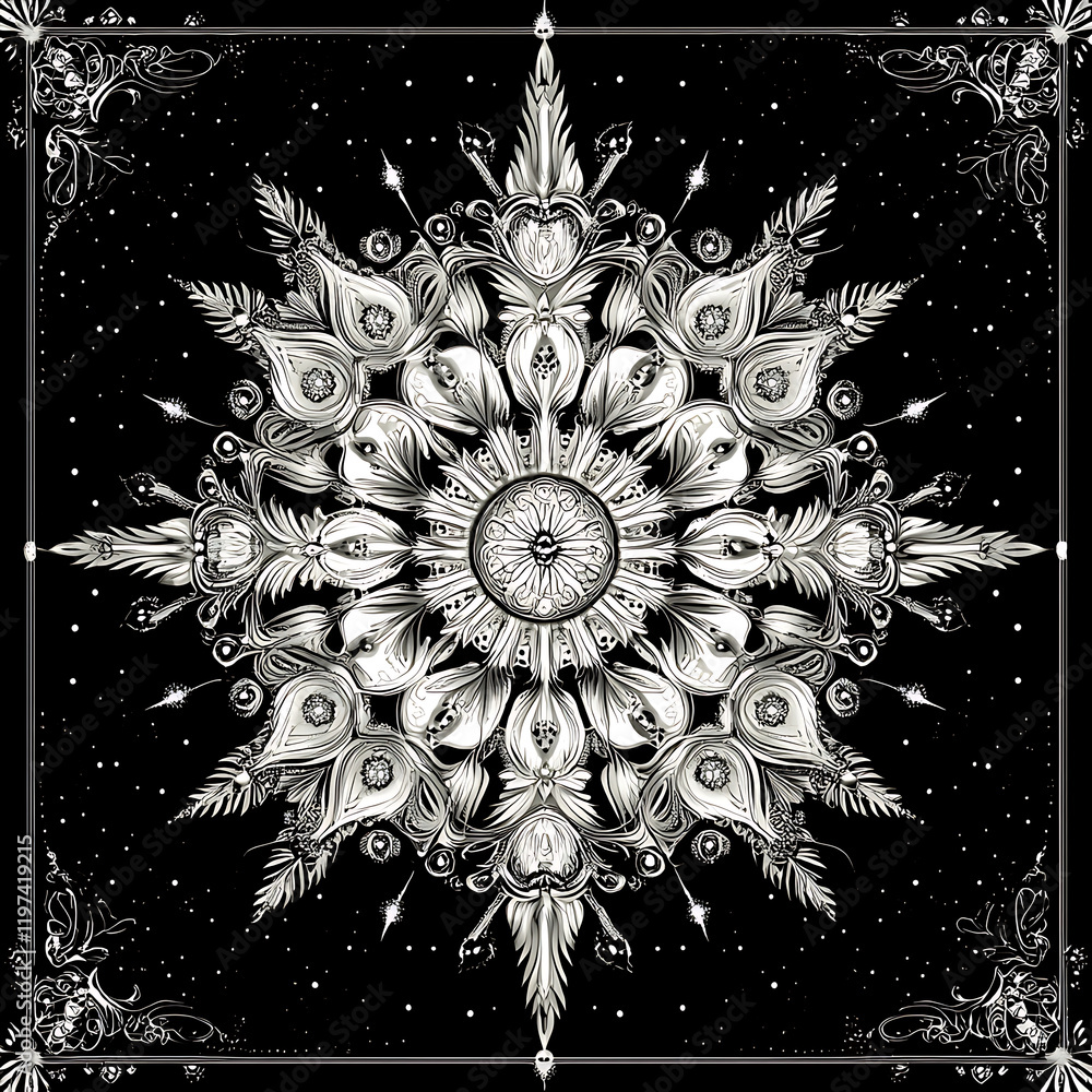 Poster elegant black and white mandala design featuring intricate symmetrical patterns and floral elements,