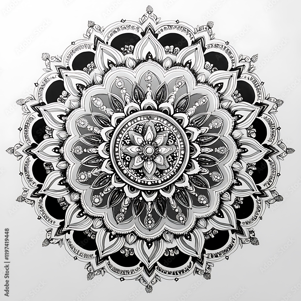 Poster elegant black and white mandala design featuring intricate floral patterns and symmetrical shapes, c
