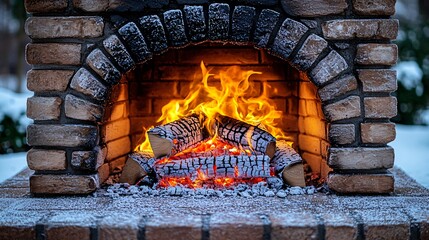 Warm fire burning in a brick outdoor fireplace covered with snow.