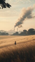 Fototapeta premium Child Observing Smoky Industrial Factory in Golden Field – Environmental Impact Concept 25