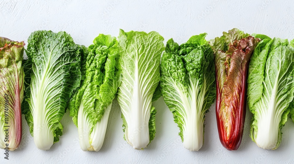 Poster isolated on white background a row of lettuce heads arranged side by side highlighting their symmetr