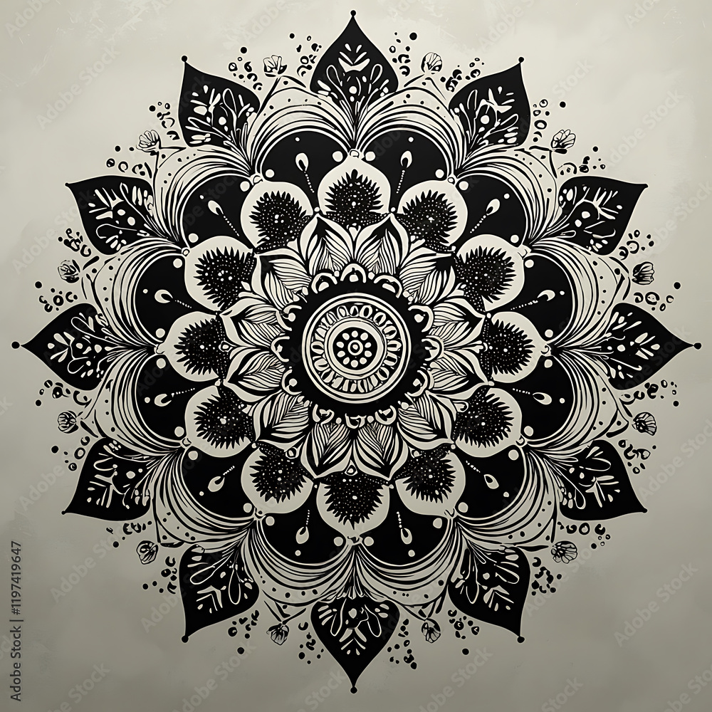 Poster elegant black and white mandala design featuring intricate floral patterns and symmetrical shapes, c