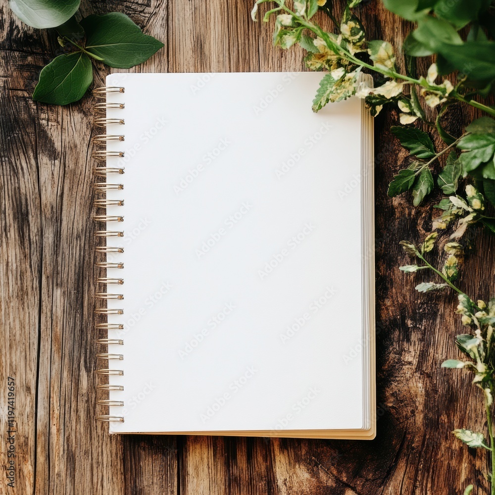Poster blank notebook on rustic wooden surface surrounded by greenery and foliage for creative ideas and no