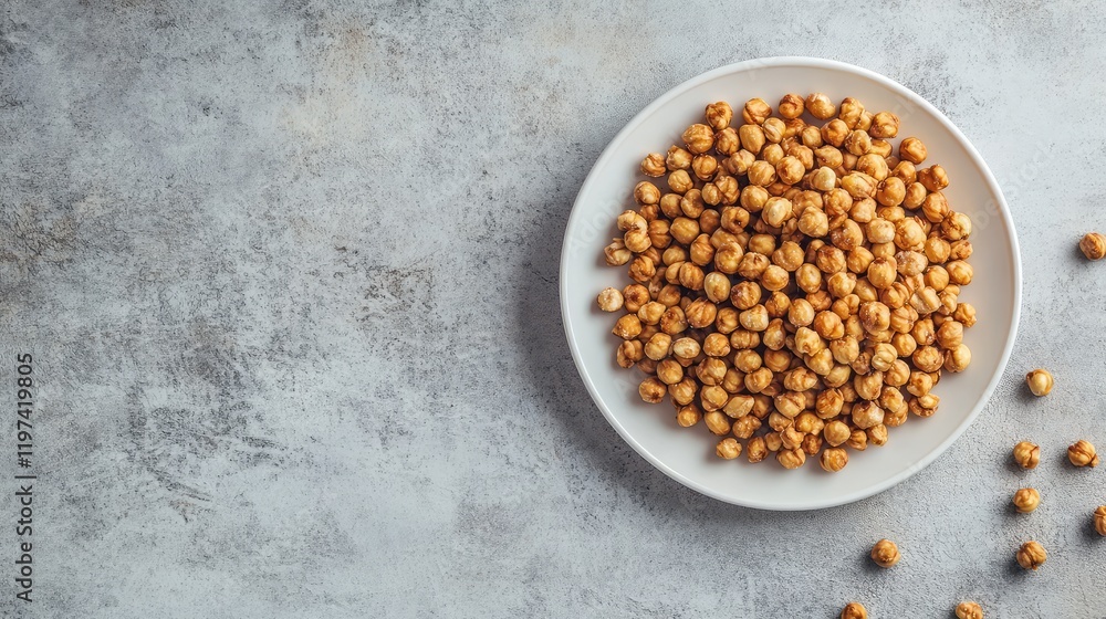 Poster golden brown crispy hazelnut curls piled on a white plate against a textured gray countertop emphasi