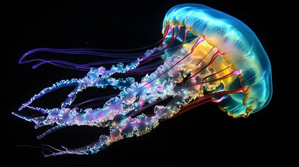Translucent Jellyfish with Neon Glow in Dark Ocean