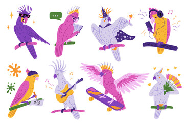 Obraz premium Illustration of a set of bright funny cockatoo parrots that read, draw, play the guitar, and more.