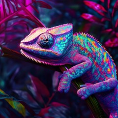Neon Chameleon Perched on a Leaf with Vibrant Colors