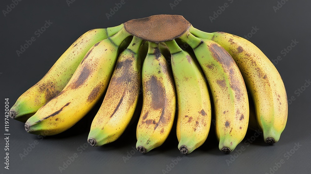 Poster cluster of ripe yellow and green bananas arranged artistically on a dark grey background with ample 