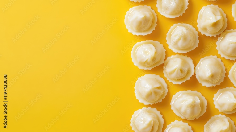 Poster boiled ravioli dumplings arranged on vibrant yellow background with ample empty copyspace for creati