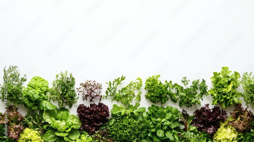 Poster isolated on white background a combination of whole and chopped lettuce leaves arranged attractively
