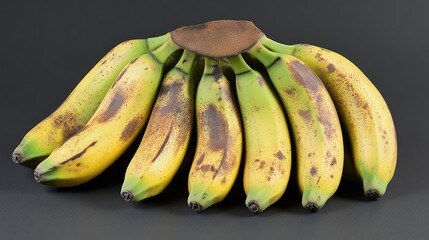 Cluster of ripe yellow and green bananas arranged artistically on a dark grey background with ample empty space for text placement.