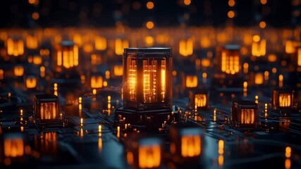 High-tech server room with illuminated server racks, ideal for showcasing data center infrastructure and technology solutions. - Powered by Adobe