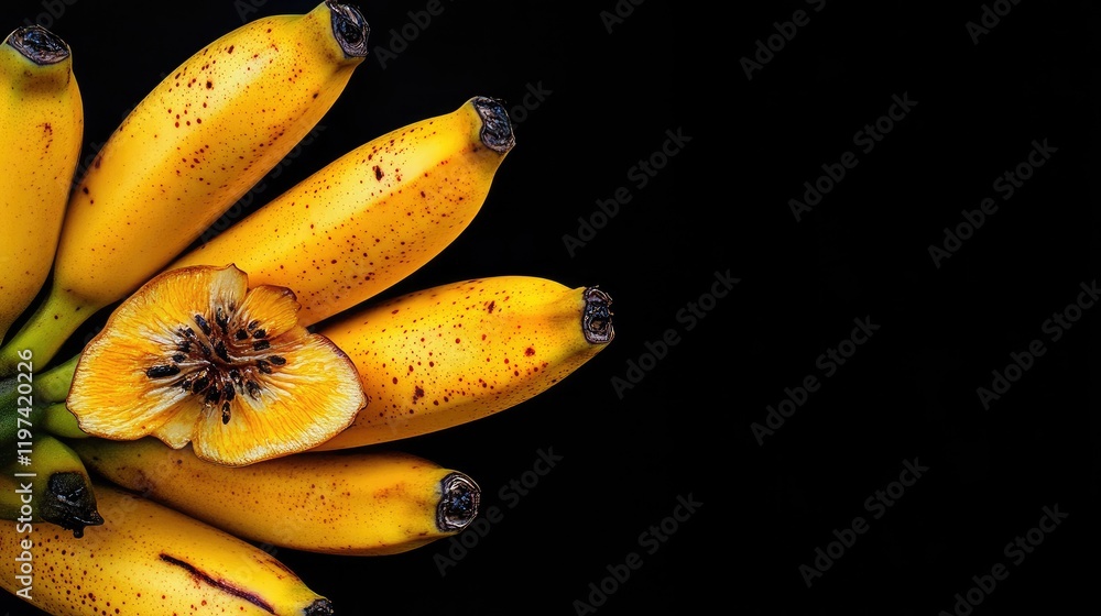Poster cluster of vibrant yellow bananas on a black background with empty copy space for text placement, id