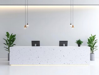 Elegant bank counter with a terrazzo surface and soft lighting, creating a welcoming ambiance